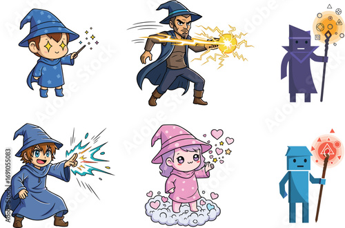 Cartoon wizard characters casting magic spells with staffs, wands, lightning, hearts, fantasy vector illustration for children’s magical adventure and game design
