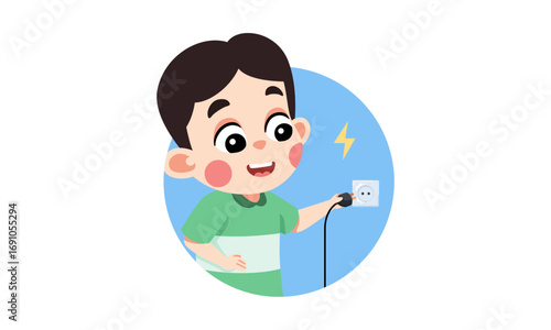 A cute cartoon boy plugging an electrical cord into a wall socket with a power symbol.