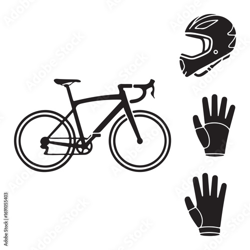 Road bicycle with helmet and gloves icons