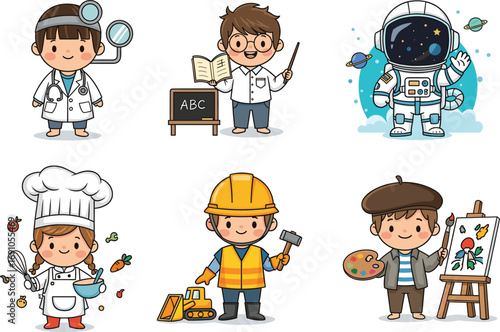 Children in various professional costumes including doctor, teacher, astronaut, chef, construction worker, and artist, cute cartoon vector illustration for kids