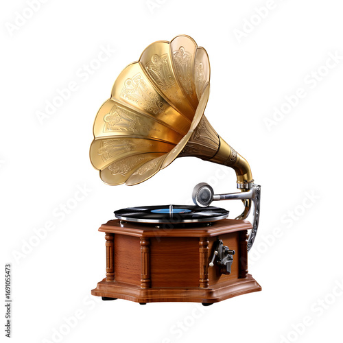 Vintage gramophone with ornate wooden cabinet and brass horn speaker, antique music player featuring intricate engraved designs, nostalgic retro style on dark background