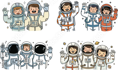 Collection of diverse astronauts in colorful space suits waving and smiling, modern vector illustration for space exploration and science themes