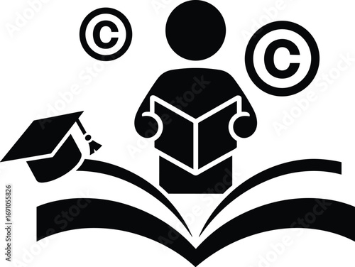 Education copyright vector illustration, student reading book with graduation cap, intellectual property protection concept for learning, study, knowledge, creativity and academic content design