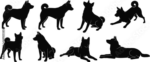 Dog silhouette vector illustration, pet design, black dog artwork, sitting dog, standing dog, playful dog, domestic animal icon, loyal canine symbol, decoration