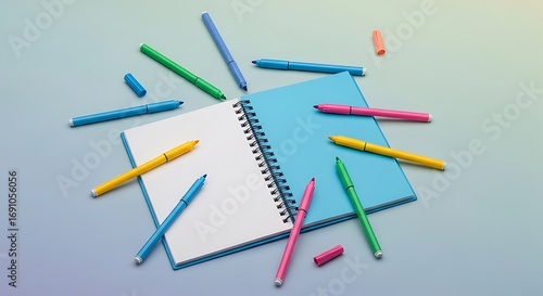 Wallpaper Mural Open notebook with colorful markers on the table Torontodigital.ca