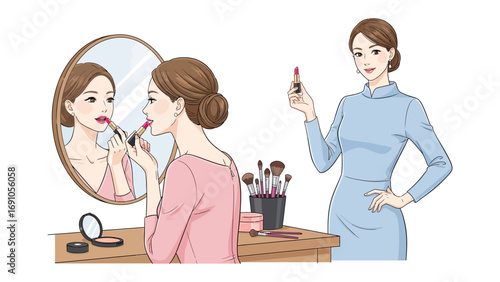 Young woman applying lipstick in a mirror while another woman stands nearby holding a makeup brush and looking on