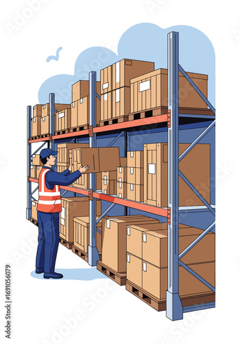 Warehouse worker organizes stored boxes on tall shelving racks