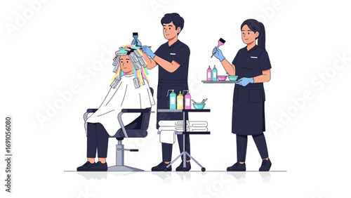 Two professional beauticians in dark uniforms and blue gloves carefully applying hair treatment to a seated client in a salon setting