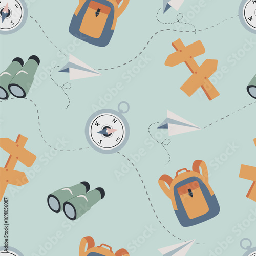 Seamless camping pattern with backpack, compass, binoculars and travel elements. Vector adventure background.