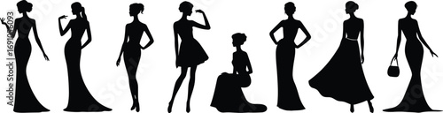 Elegant woman silhouette fashion vector illustration, stylish female figures in evening gowns, modern dress design, beauty modeling poses, glamour lifestyle concept art