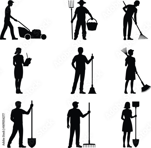 Gardener and farmer silhouette vector illustration, people working with shovel, rake, pitchfork, 