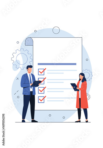 Business professionals completing a detailed checklist document for project success