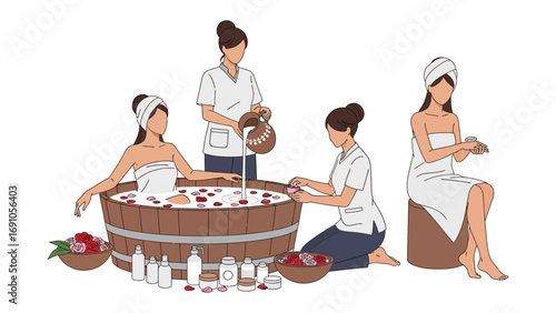 Serene spa scene with women receiving luxurious treatments including a milk bath massage and facial promoting relaxation and wellness