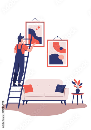 Man on ladder hanging artwork on wall above sofa in living room interior design