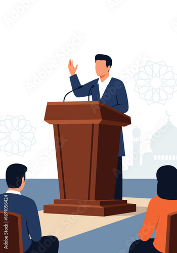 Public speaker addressing audience from wooden podium at islamic event gathering