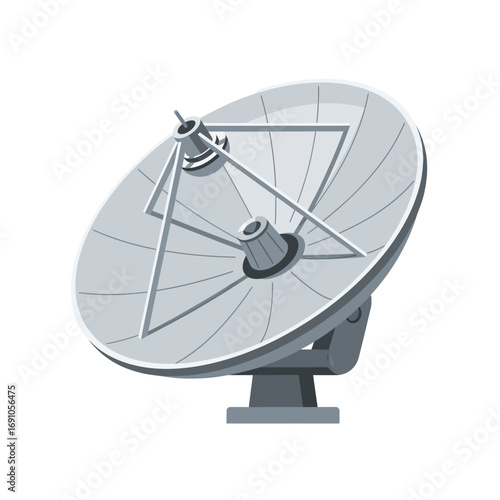 Grey Satellite Dish Vector Illustration on White Background - Modern Parabolic Antenna for Global Telecommunication and Signal Reception, Flat Vector Elements, Vector Illustration, Simple Vector,