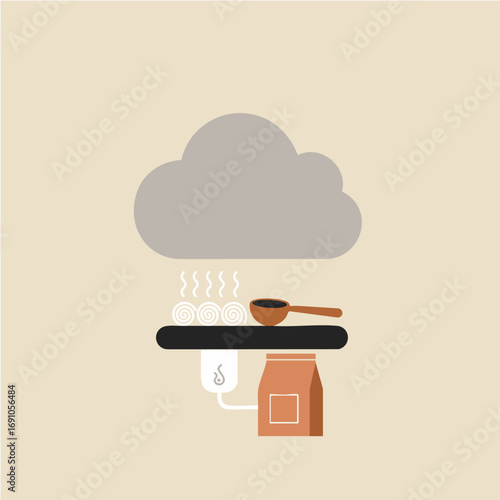 Coffee Roasting Process with Steaming Cloud and Beans Illustration