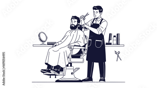 Vintage style illustration of a barber in an apron meticulously trimming a bearded man s hair with scissors and comb in a classic barbershop setting