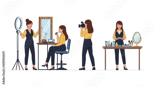 Diverse women engaged in beauty content creation makeup application and video recording for online platforms and social media