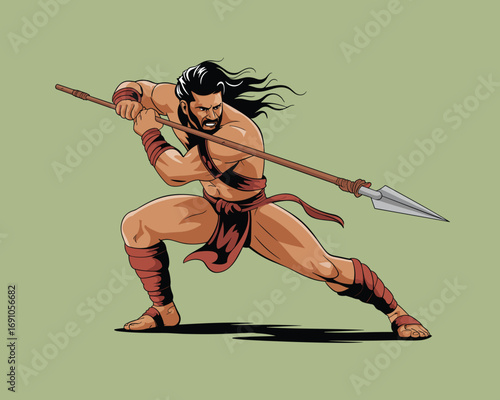 Striking flat vector illustration depicting a powerful warrior holding a spear in a dynamic action pose, ready for combat