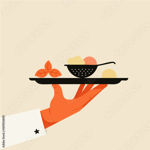 Hand Holding Tray with Gnocchi Dumplings Basil Colander Fresh