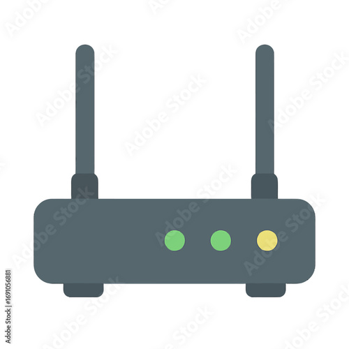 Partial view of a dark grey electronic device, likely a Wi-Fi router or modem, with a green indicator light and an antenna, isolated on a white background., Flat Vector Elements, Vector Illustration,