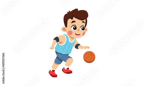 A young boy in a light blue shirt and shorts is dribbling a basketball. He is smiling and appears to be enjoying the activity.