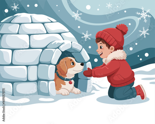 Boy and Dog Enjoying Winter Fun Near an Igloo in a Snowy Landscape