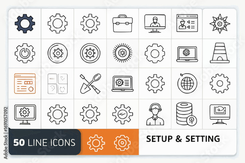 Illustration of a grid containing fifty line icons representing settings and setup configurations and tools