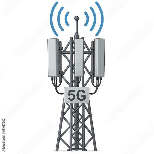 5G Cell Tower Illustration with Antennas and Signal Waves, Depicting Next-Generation Wireless Communication Technology and High-Speed Connectivity on a Clean White Background, Flat Vector Elements,