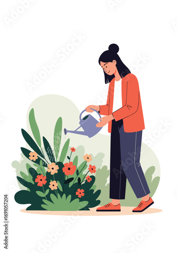 A young woman diligently waters blooming flowers in her lush green garden on a sunny day
