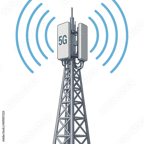 Illustration of a 5G Cellular Tower Emitting Blue Wireless Network Signals on a White Background, Representing Next-Generation Telecommunication Technology, Flat Vector Elements, Vector Illustration,