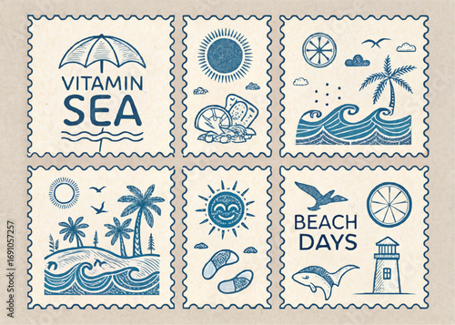 Collection of summer themed stamps with beach days vitamin sea sun palm trees and ocean waves designs art