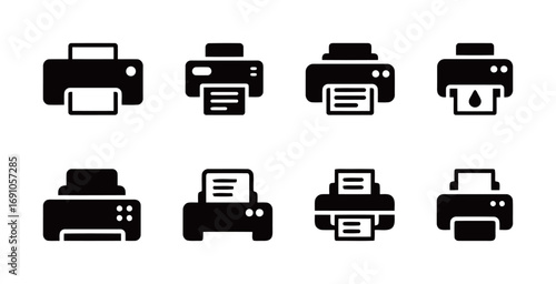 Printer and scanner icons in various styles. Office equipment vector graphics for web, apps, and presentations.