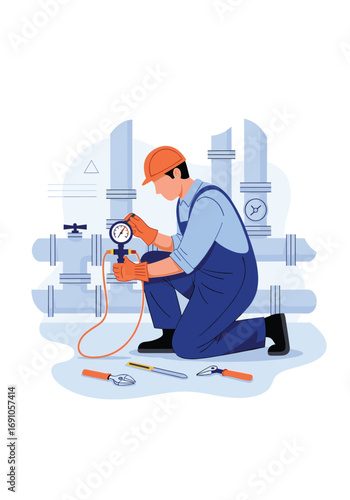 Skilled plumber installing gauges on industrial pipes checking for system pressure and leaks