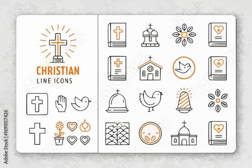 Illustration showing christian line icons including crosses, bibles, churches, doves, and other religious symbols