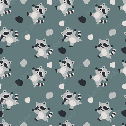 Seamless pattern with funny raccoons on blue background. Cute cartoon woodland animals for kids textile, baby fabric, nursery wallpaper, wrapping paper and children’s design projects. 