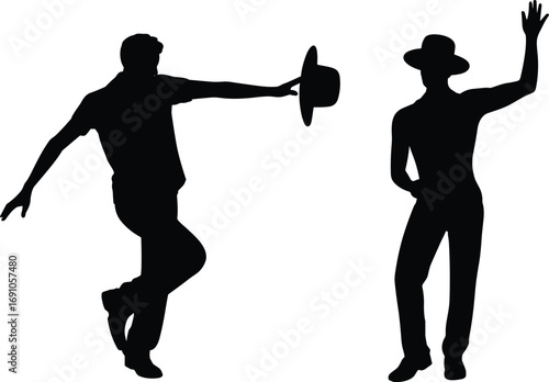  Male dancer silhouette vector, flamenco style dance poses with hat, traditional performance illustration, cultural movement artwork, elegant men dancing graphic design