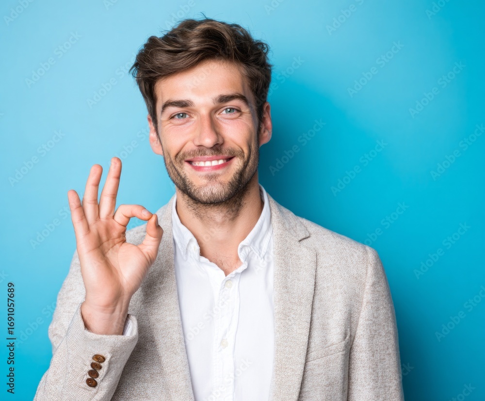 Fototapeta premium A man displays an okay gesture, smiling brightly against a vibrant blue backdrop, showcasing a positive and approachable demeanor.