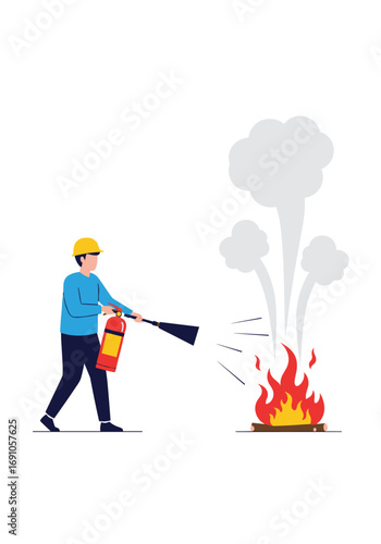 Firefighting person using extinguisher to put out flames and smoke emerging from a fire