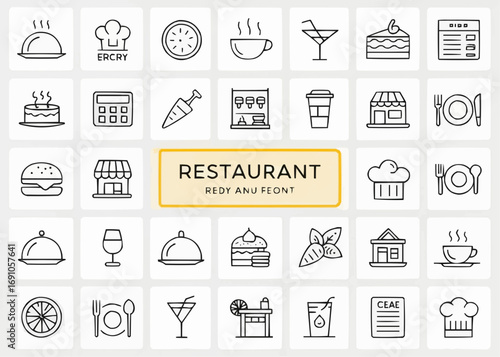 Collection of restaurant themed line icons including food, drinks, and kitchen related elements design set