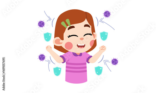 Smiling girl protected by shields from viruses, illustration.