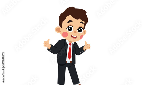 A cute cartoon boy in a black business suit and red tie smiling and giving a thumbs up gesture.