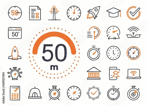 Illustration showcasing various icons including clocks rockets documents and the number fifty meters