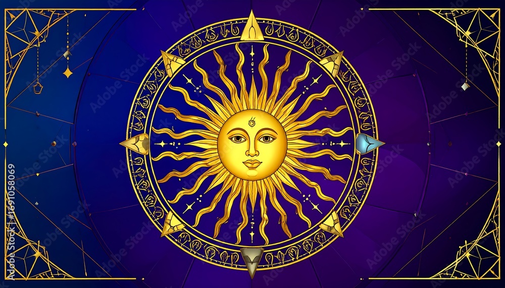 Obraz premium Golden sun mandala on a dark blue background