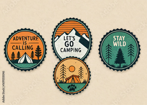 Four camping themed round emblems featuring tents, mountains, trees, and outdoor adventure messages design