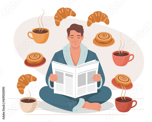 Man reading newspaper and enjoying coffee and croissants for breakfast