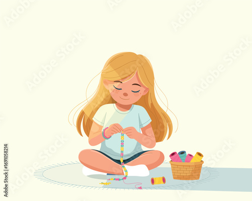 Young Girl Crafting a Bracelet A Joyful Flat Vector Illustration