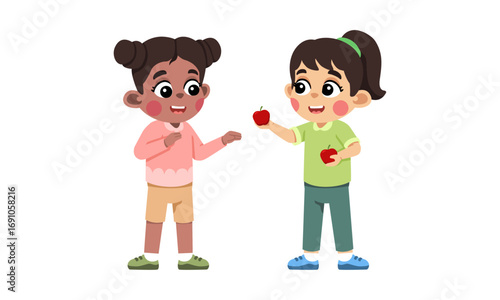 Two cute, diverse cartoon girls sharing red apples, an illustration of friendship, kindness, and healthy eating.