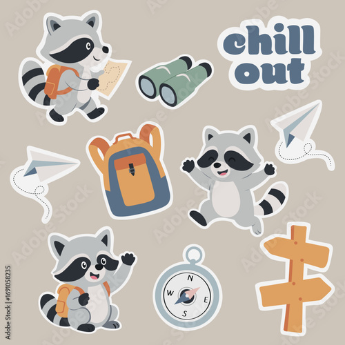 Camping raccoon stickers pack. Cute animals with backpack, compass, binoculars, signpost and chill out lettering. Vector illustration